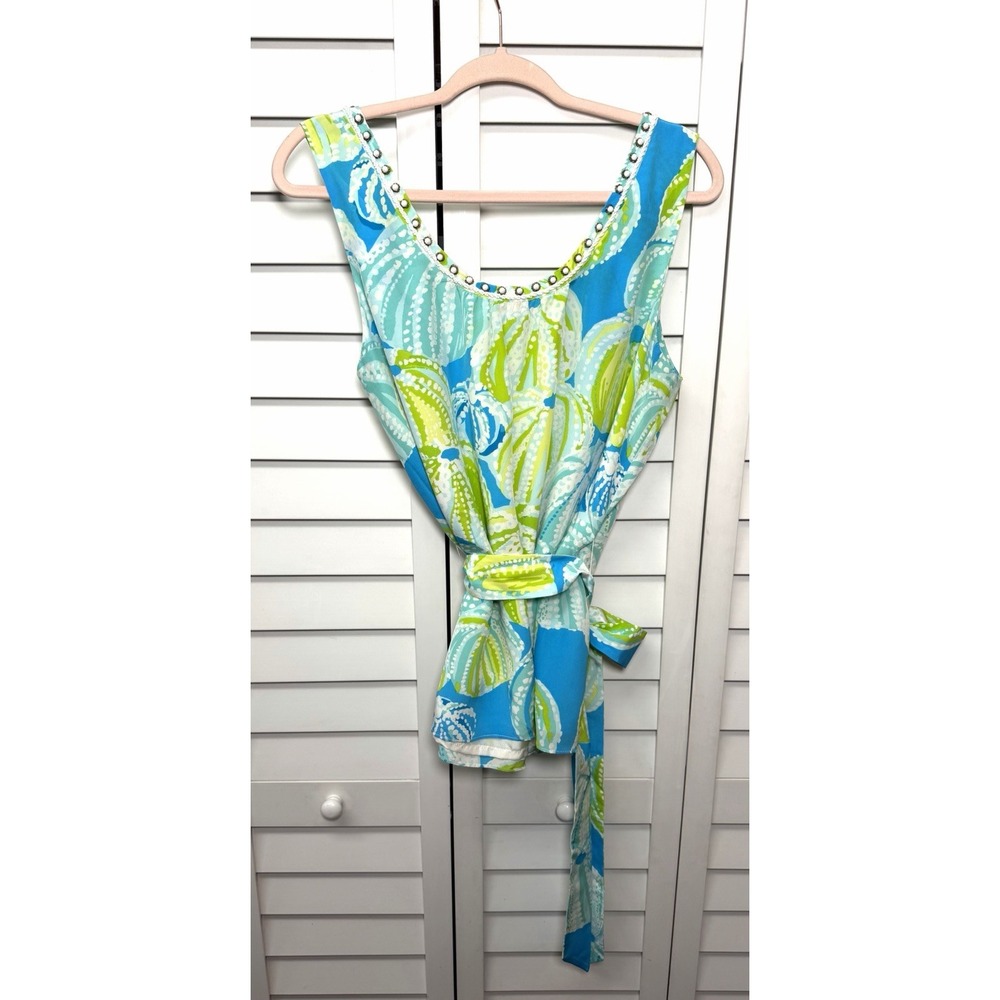 Lilly Pulitzer Sea Urchin Beaded 100% Silk Sleeveless Belted Top Women's Size 14 - Picture 9 of 11